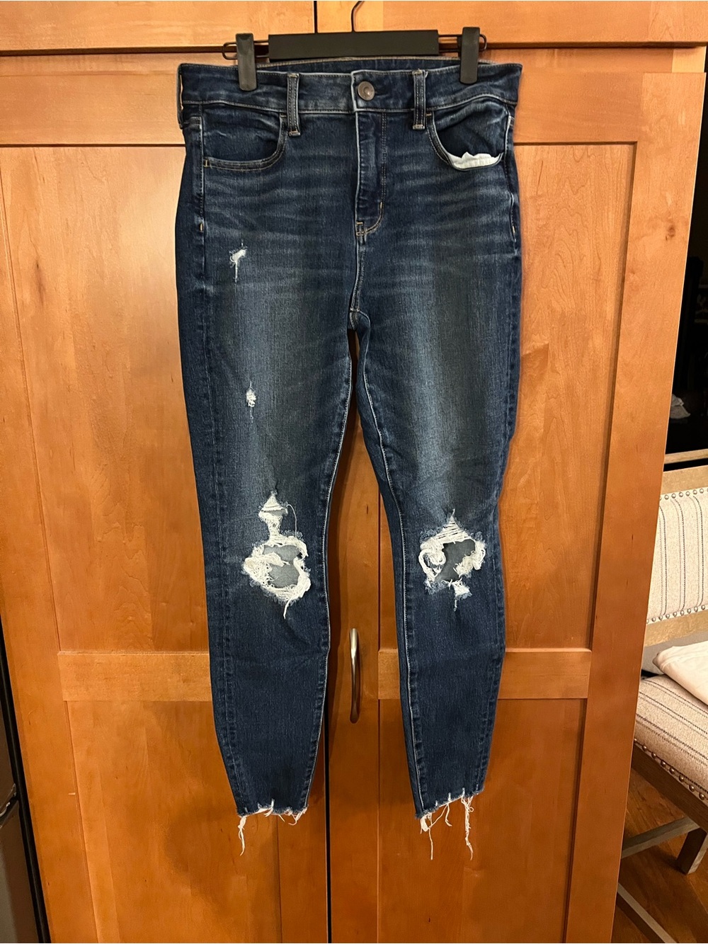 American Eagle Outfitters Dark Blue Distressed Skinny Jeans with Knee Rips